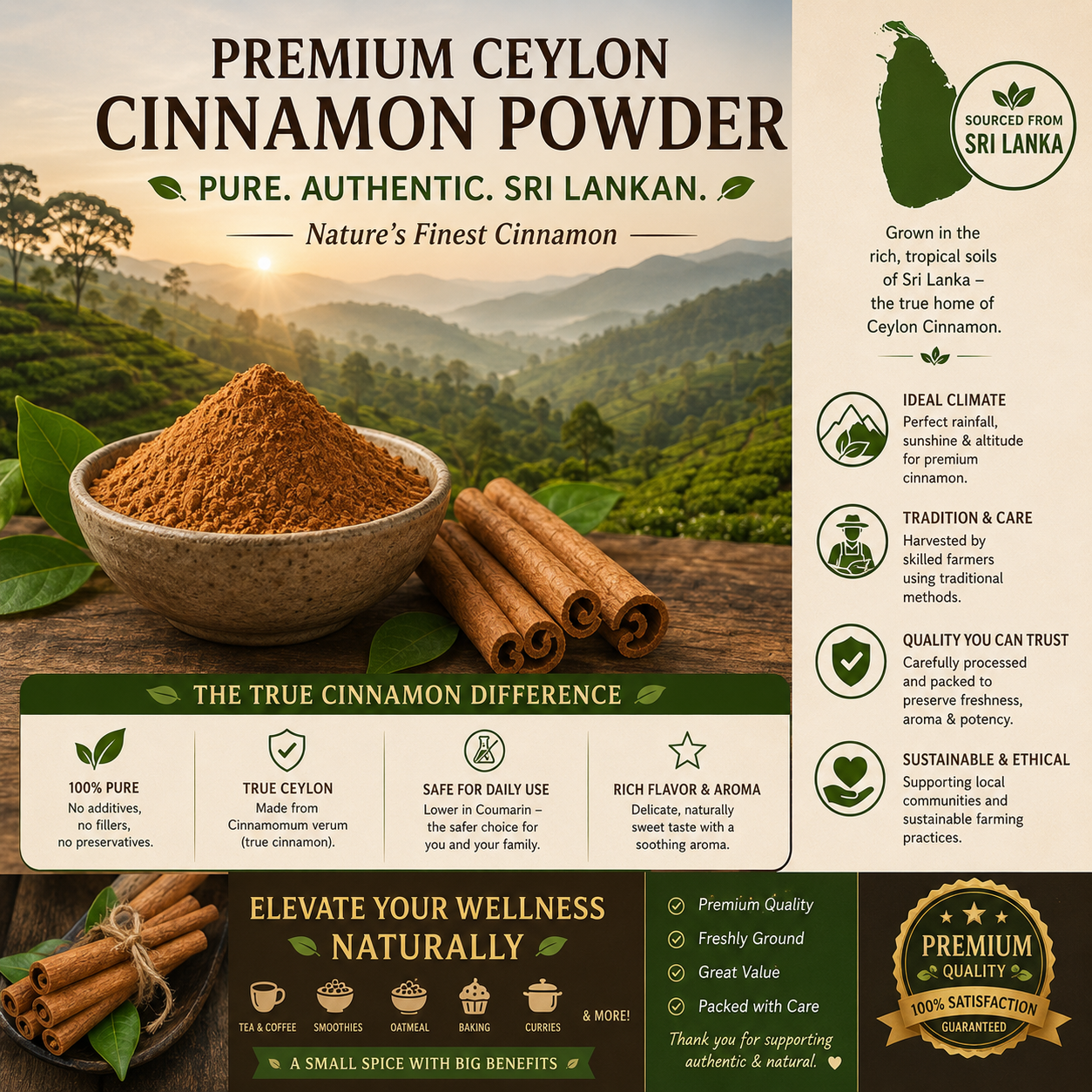 Ceylon Cinnamon Powder (Sri Lankan) - Pure, Premium Quality - Baking, Drinks and More